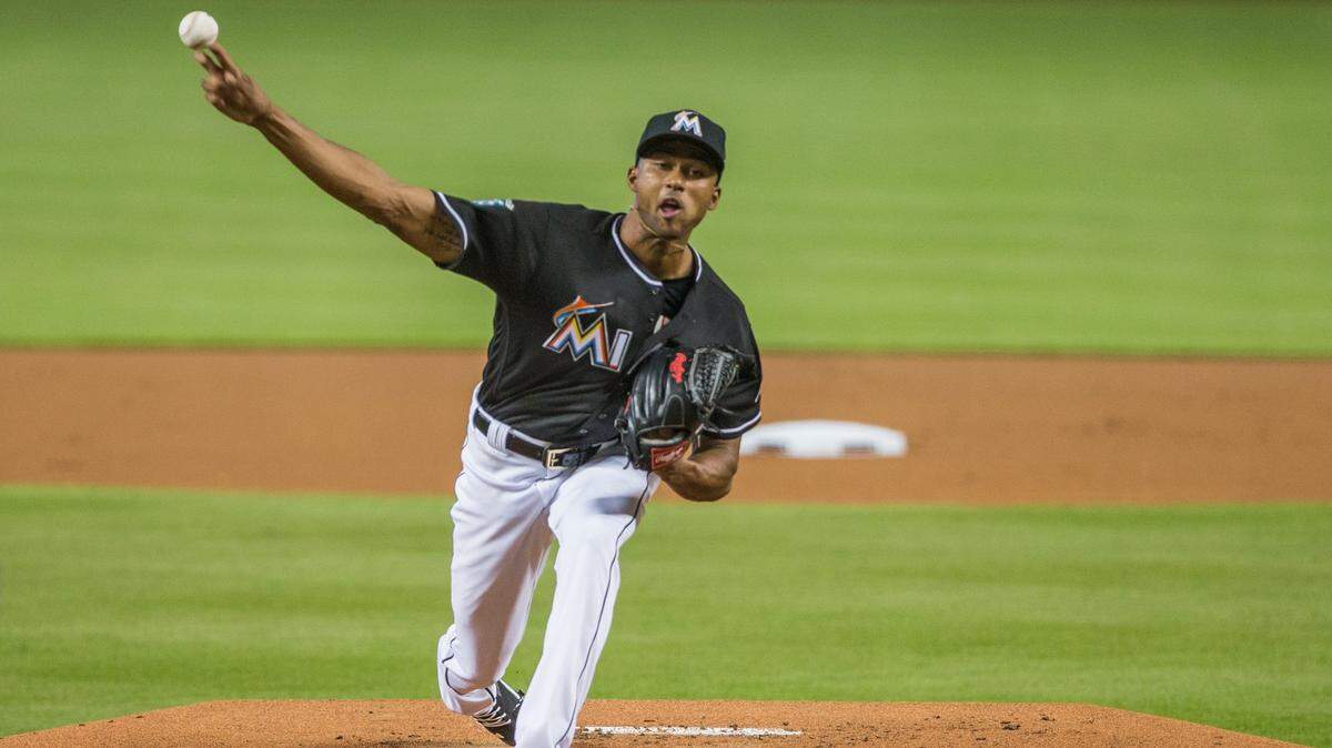 Miami Marlins starting pitcher Sandy Alcantara (22) faces the New York Mets in his 2018 MLB debut at Marlins Park in Miami, Friday, June 29, 2018.