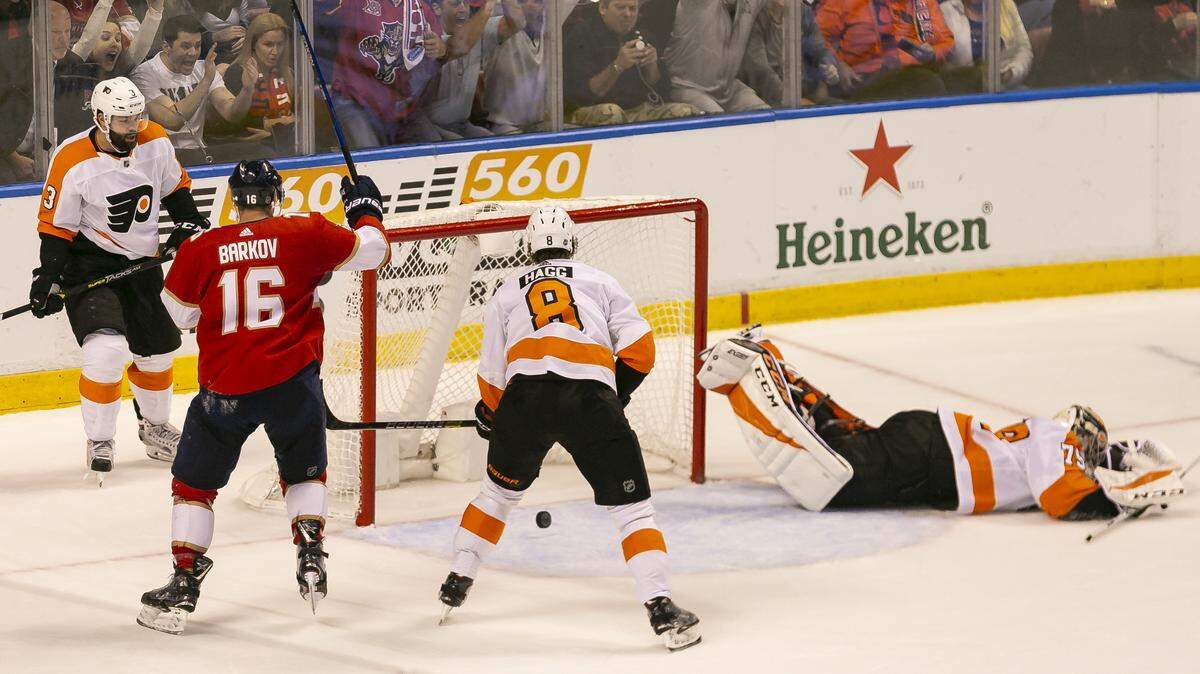 Philadelphia Flyers goalie Carter Hart (79) fails to stop a shot from Florida Panther Jonathan Huberdeau (11) who scored in the third period as the Panthers host the Flyers at the BB&T Center in Sunrise, Florida on Saturday, December 29, 2018.