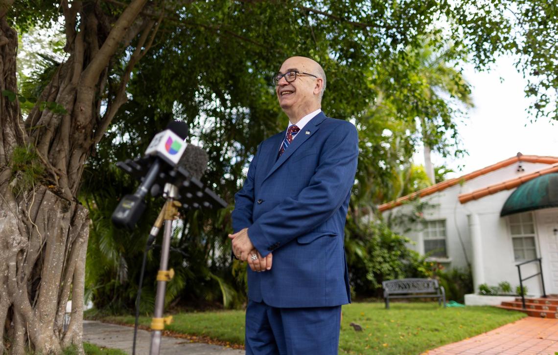 City of Miami mayoral candidate Emilio Gonzalez speaks during a press conference outside of his home on Wednesday, July 16, 2025, in Miami. Gonzalez, a former city manager, sued the city over its decision to move the upcoming November election to 2026 without voter approval.