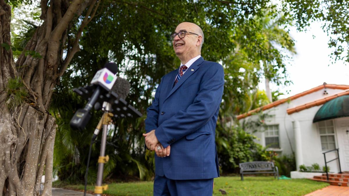 City of Miami mayoral candidate Emilio Gonzalez speaks during a press conference outside of his home on Wednesday, July 16, 2025, in Miami. Gonzalez, a former city manager, sued the city over its decision to move the upcoming November election to 2026 without voter approval.