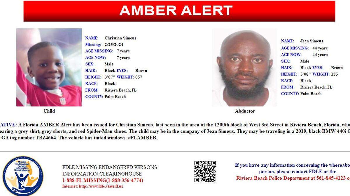 An Ambert alert issued for Christian Simeus, 7, on Sunday, Feb. 25, 2024.