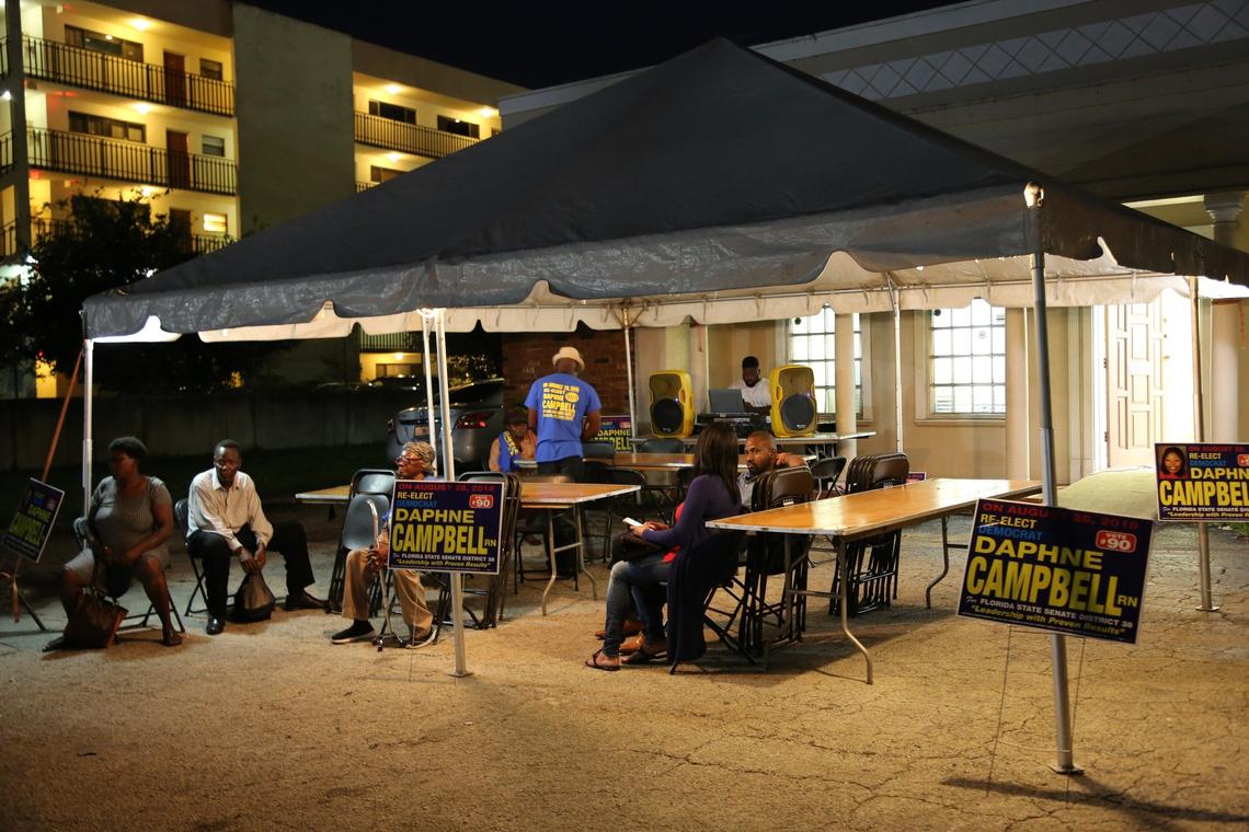 Daphne Campbell supporters wait for Campbell’s arrival at her watch party after it appeared she had lost the Florida Senate District 38 race in North Miami, on Tuesday, Aug. 28, 2018.