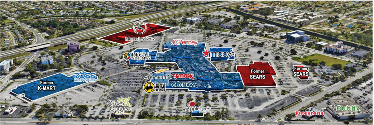 Electra America and BH Group acquired the 80-acre Southland Mall, which opened in 1978. They now own all of the areas marked in blue and the surface parking lots. Sears and the Mercedes-Benz dealership remain under different ownership.