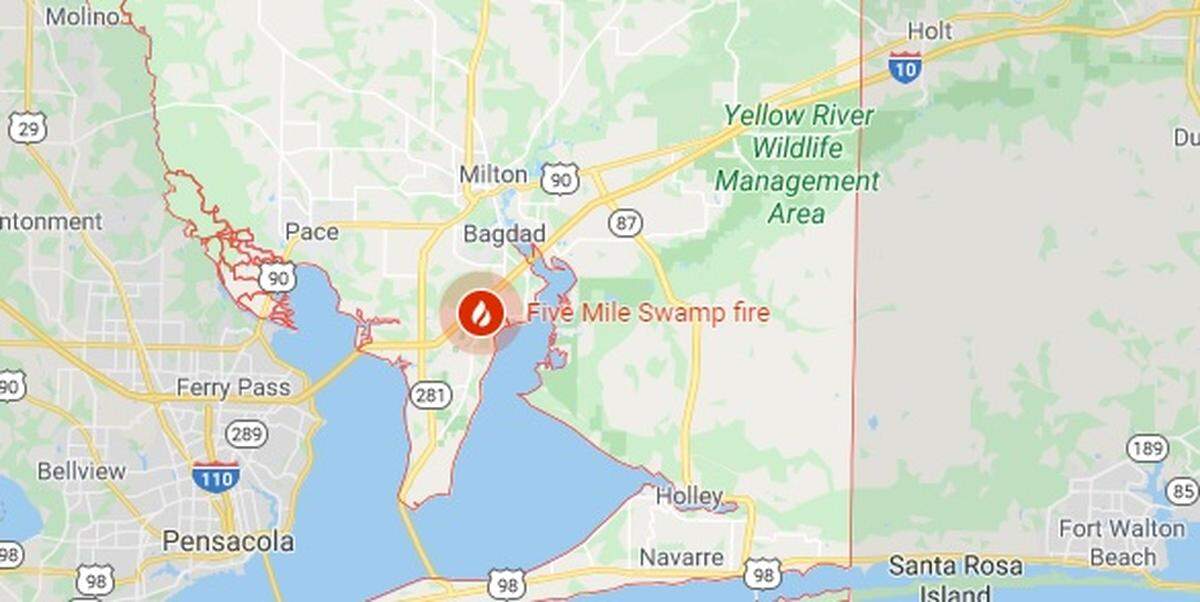 Where wildfires are burning in Florida’s Santa Rosa and Walton counties on May 7, 2020.