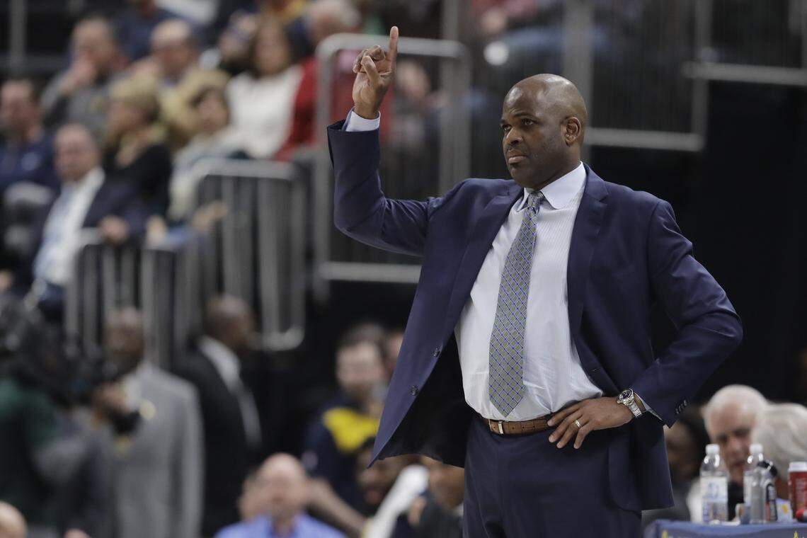 Indiana Pacers head coach Nate McMillan calls a play during the second half of an NBA basketball game against the Detroit Pistons, Monday, April 1, 2019, in Indianapolis. Indiana won 111-102.