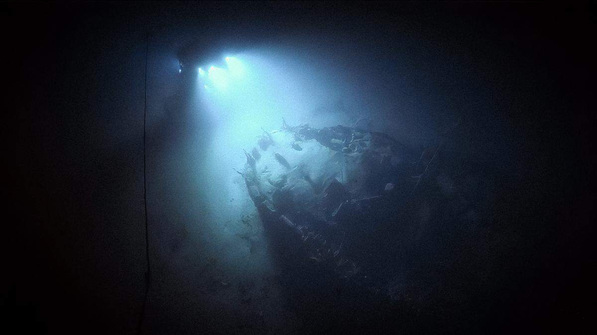 The remotely operated vehicle Hercules captures images the detached stern of Imperial Japanese Navy Destroyer Teruzuki, 2,624 feet deep.