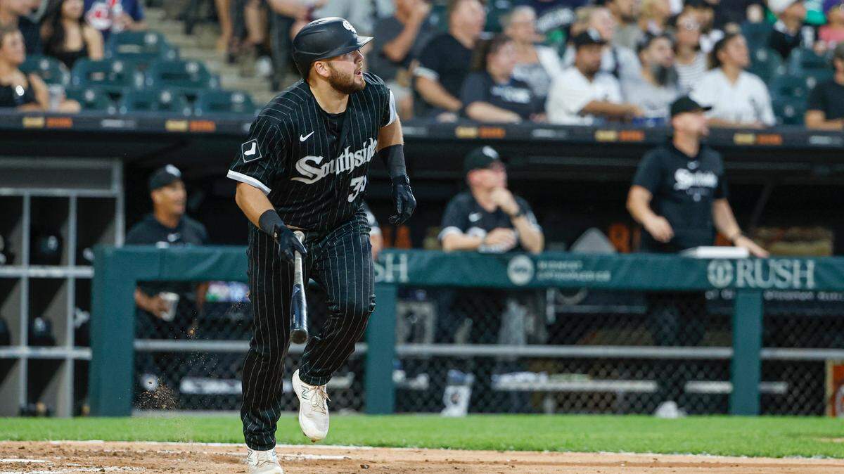 Jul 28, 2023; Chicago, Illinois, USA; Chicago White Sox third baseman Jake Burger (30) watches his solo home run against the Cleveland Guardians during the sixth inning at Guaranteed Rate Field.
