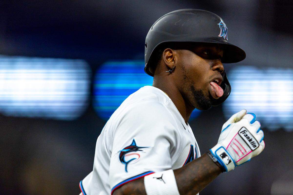 Miami Marlins batter Jorge Soler (29) reacts to homering during the ninth inning of an MLB game against the Philadelphia Phillies at loanDepot park in the Little Havana neighborhood of Miami, Florida, on Wednesday, August 2, 2023.