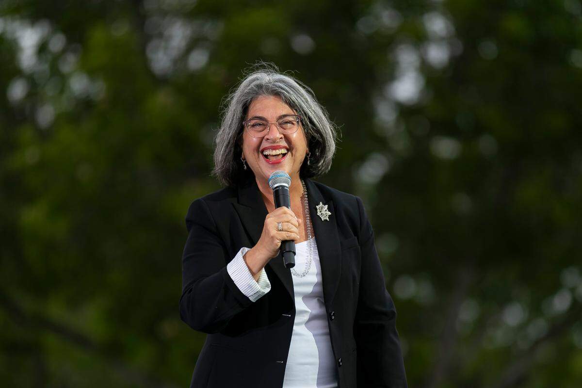 Daniella Levine Cava speaks during a Barack Obama drive-in rally in support of Joe Biden near Florida International University in Miami, Florida on Monday, November 2, 2020. She was elected Miami-Dade mayor the following day, the first Democrat to win the office in 20 years.