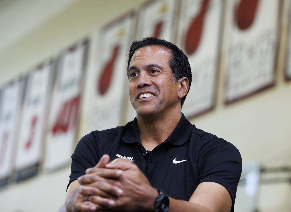 Head Coach Erik Spoelstra talks during an interview at the Miami HEAT Media Day on Monday, Sept. 29, 2025, at the Kaseya Center in downtown Miami, Fla.