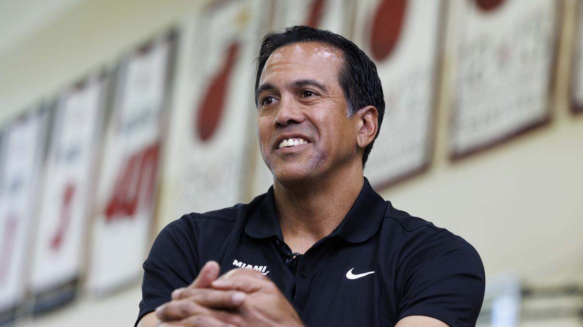 Head Coach Erik Spoelstra talks during an interview at the Miami HEAT Media Day on Monday, Sept. 29, 2025, at the Kaseya Center in downtown Miami, Fla. 