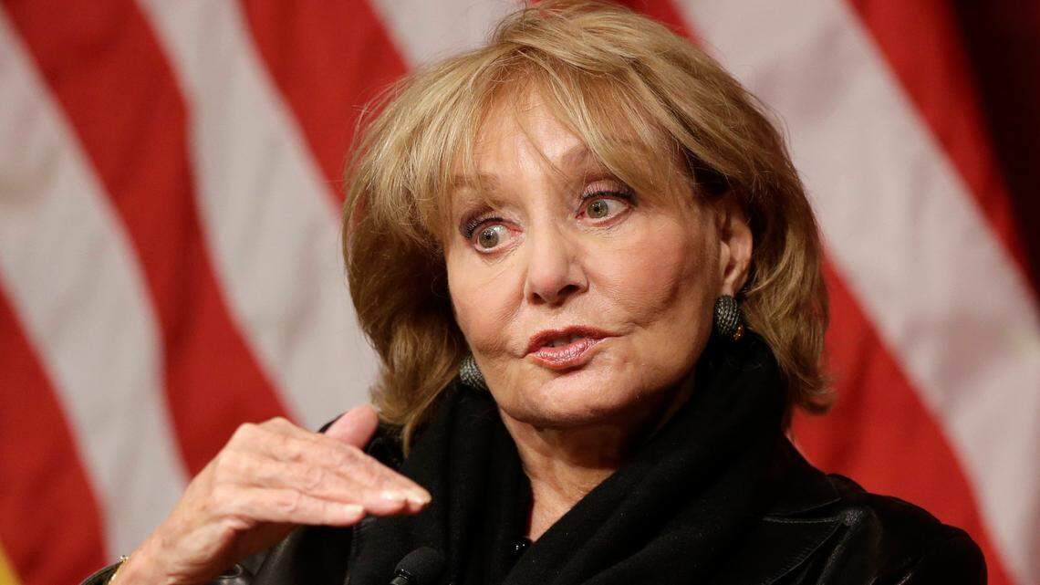 In this file photo from Oct. 7, 2014, Barbara Walters addresses an audience at the John F. Kennedy School of Government on the campus of Harvard University in Cambridge, Mass. Walters died, Friday, Dec. 30, 2022. She was 93.