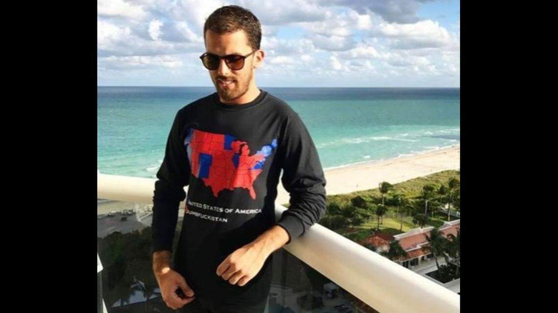 A screen grab from a Republican Party of Florida release showing an Andrew Gillum campaign staffer, months before he joined the campaign, donning an explicit shirt.