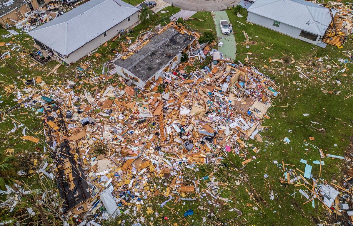 Aerial view of the destruction caused by a pair of tornadoes that tore through homes in the Spanish Lakes Country Club Village neighborhood, which left multiple people dead hours before Hurricane Milton made landfall on Florida’s west coast on Wednesday October 9, 2024.