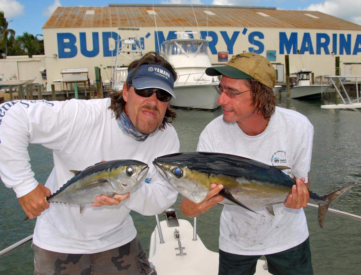 Cal Sutphin, left, and Larry Kahn, right, display blackfin tuna that each angler reeled in off Islamorada, Photo by Andy Newman.