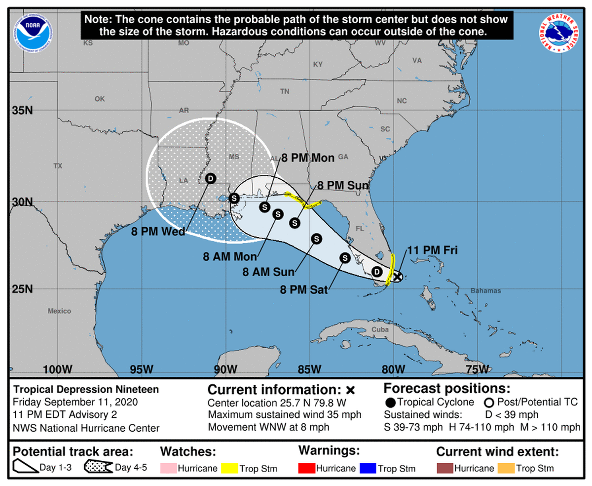 The National Hurricane Center said the depression could strengthen into Tropical Storm Sally sometime Saturday evening off Florida’s west coast, but tropical storm watches have been issued across the state.