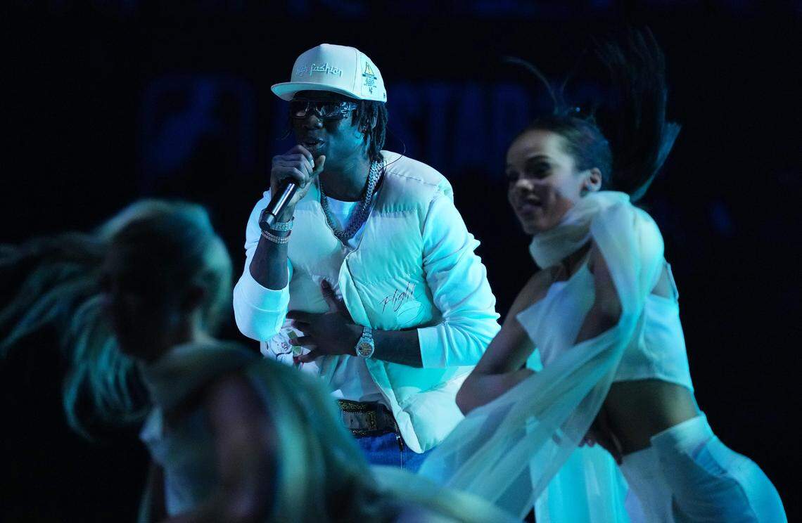 Recording artist Rema performs during the 2023 NBA All-Star Game at Vivint Arenan in Salt Lake City, Utah, on Feb. 19, 2023.