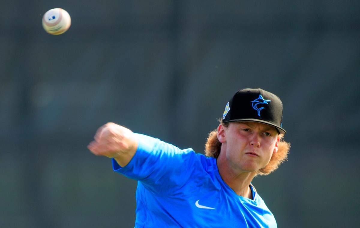 Miami Marlins pitcher Max Meyer throws during their spring training workout at Roger Dean Stadium on Wednesday, March 16, 2022 in Jupiter, FL.
