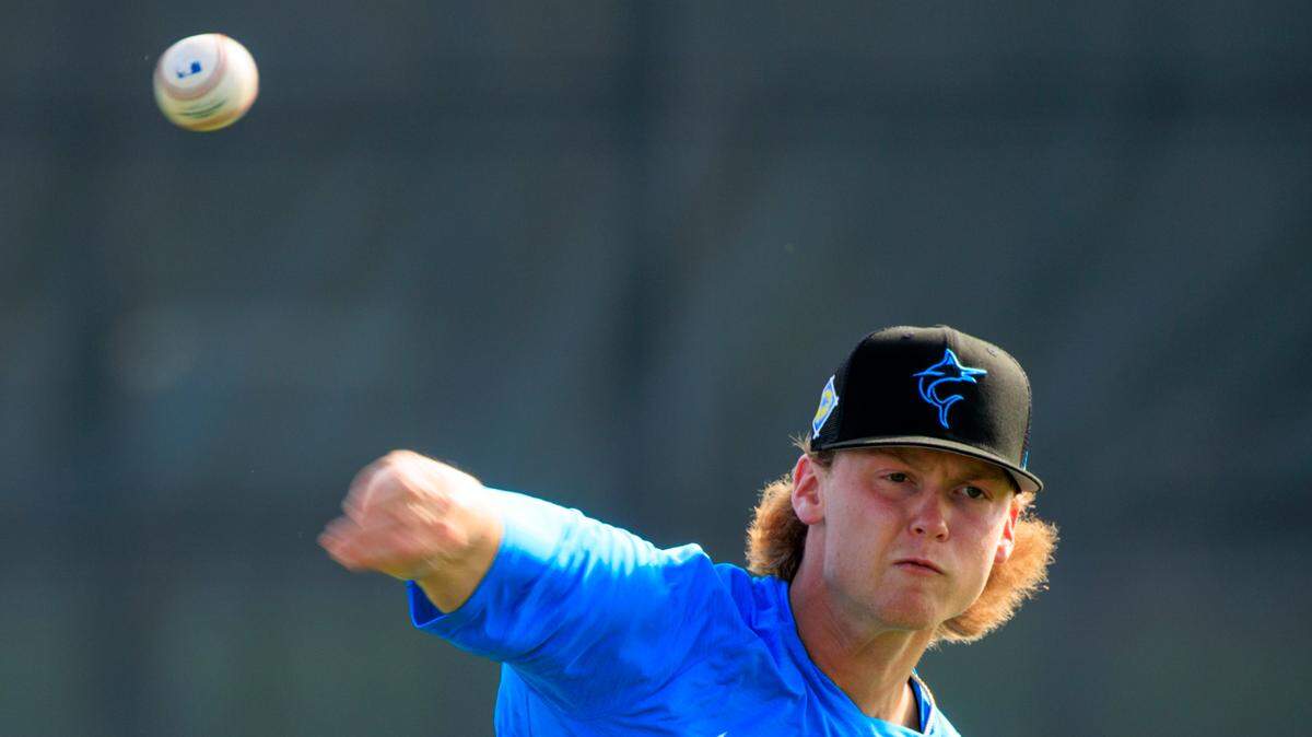 Miami Marlins pitcher Max Meyer throws during their spring training workout at Roger Dean Stadium on Wednesday, March 16, 2022 in Jupiter, FL.