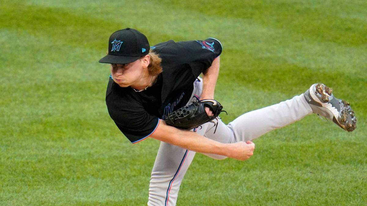 Miami Marlins starting pitcher Max Meyer delivers during the first inning of a baseball game against the Pittsburgh Pirates in Pittsburgh, Saturday, July 23, 2022. Meyer left with right arm soreness after throwing 10 pitches. The Pirates won 1-0. (AP Photo/Gene J. Puskar)