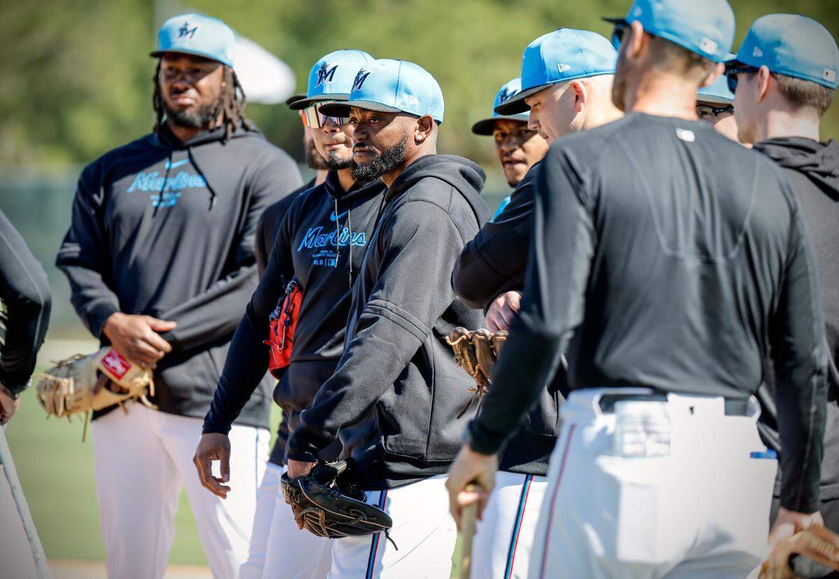 Miami Marlins infielder Vidal Brujan and teammates arrive for spring training at Roger Dean Chevrolet Stadium in Jupiter, Florida on Tuesday, February 20, 2024.