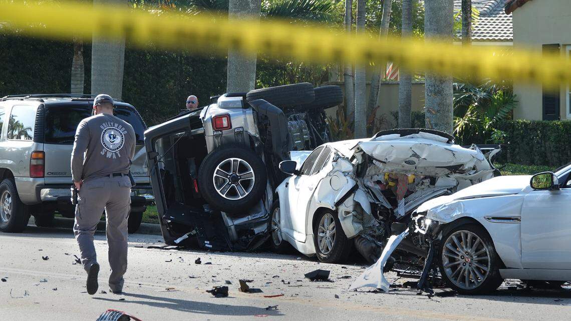 Hollywood Police work the scene of a multi-vehicle crash which involved a police officer firing his weapon, Thursday, April 15, 2021, on the 1600 block of Harrison St.