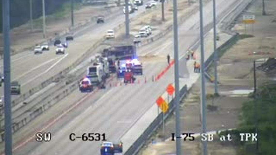 The cleanup of a tractor trailer spill and crash on southbound Interstate 75 and the Florida Turnpike extension in Northwest Miami-Dade