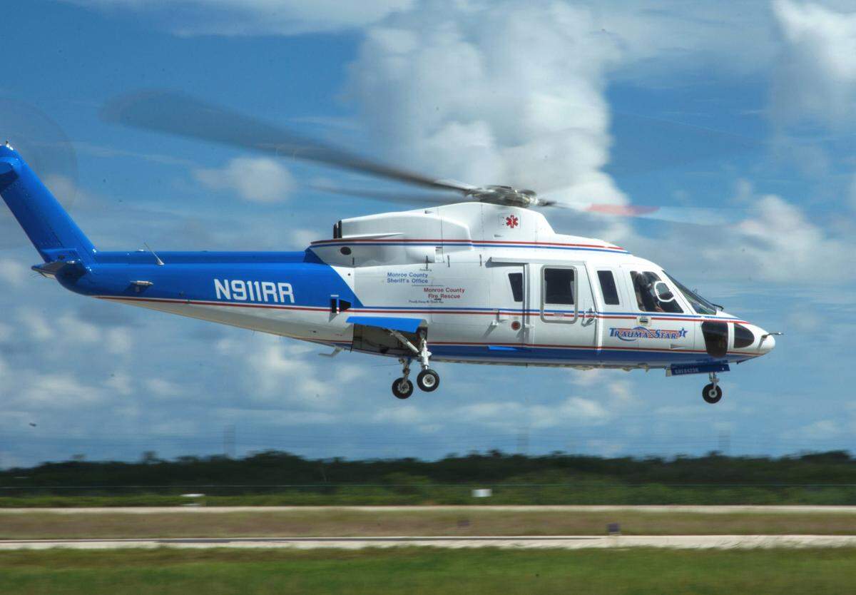 Monroe County’s helicopter, an air ambulance for the Trauma Star program, leaves Key West International Airport after training with fire rescue and medical crews.