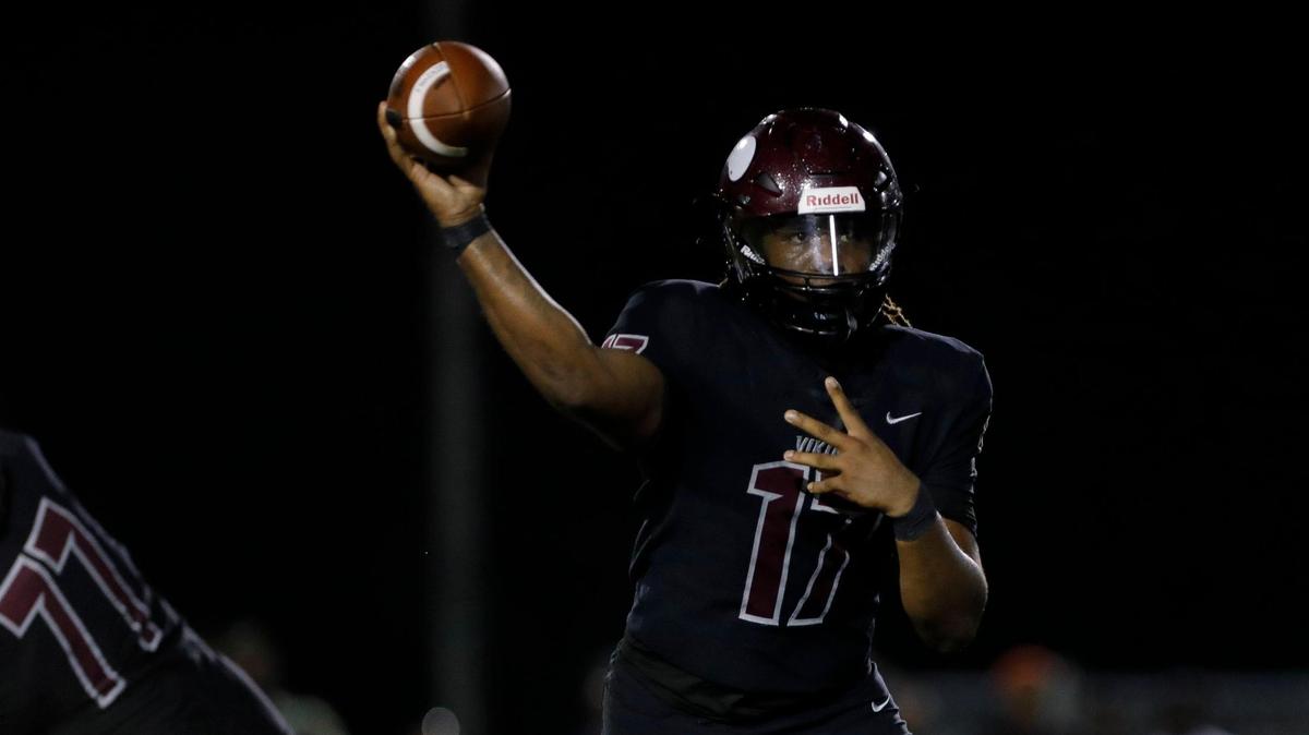 Norland Vikings quarterback Ennio Yapoor (17) throws the football against the Central Rockets during the first quarter of a high school football game at Traz Powell Stadium in Miami Florida, Friday, October 13, 2023.