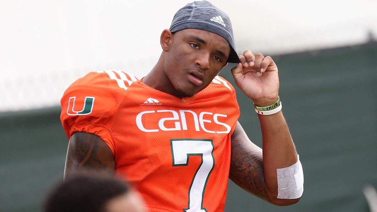 Miami Hurricanes receiver Brian Hightower (7) at Greentree Field at the University of Miami in Coral Gables on Aug. 29.