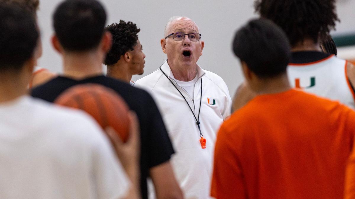 Miami Hurricanes Head Coach Jim Larrañaga speaks to players during practice at Watsco Center on Thursday, September 26, 2024, in Coral Gables, Fla.