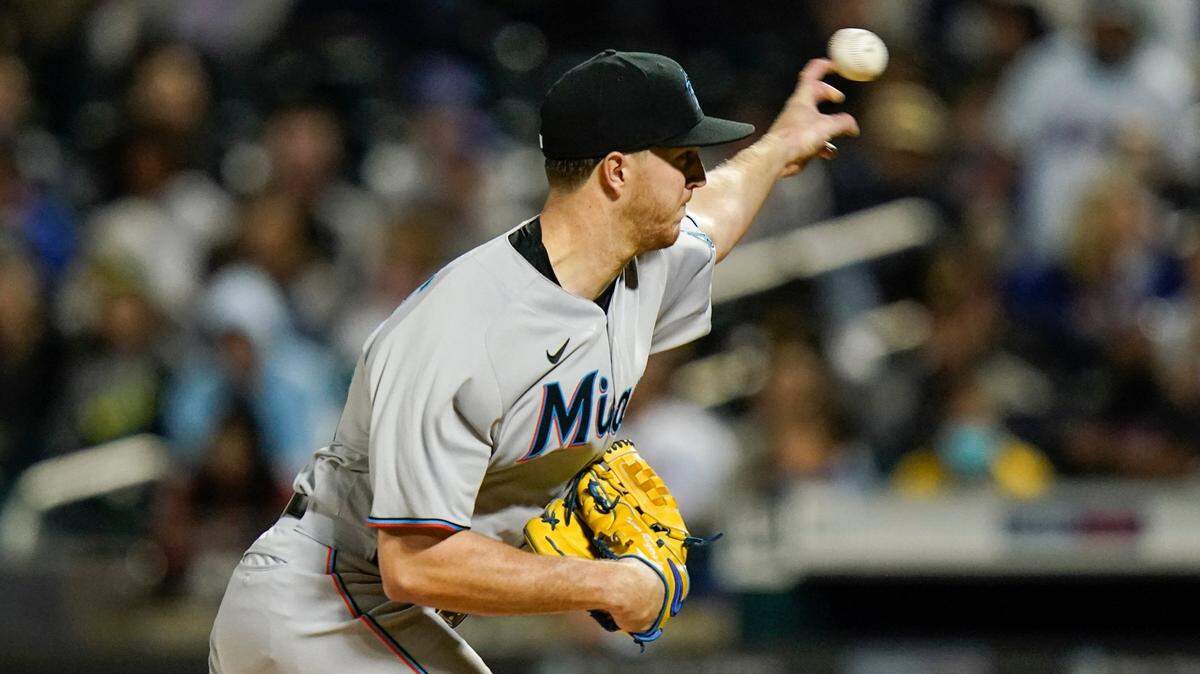 Miami Marlins’ Trevor Rogers pitches during the first inning in the second baseball game of a doubleheader against the New York Mets Tuesday, Sept. 28, 2021, in New York. (AP Photo/Frank Franklin II)