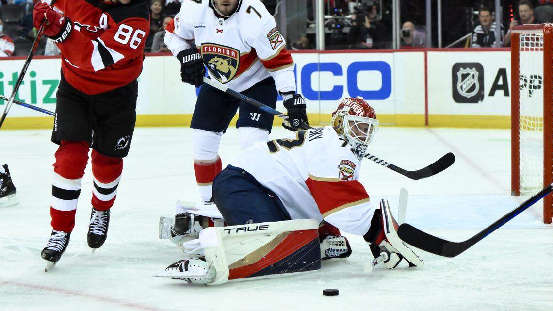 Oct 16, 2023; Newark, New Jersey, USA; Florida Panthers goaltender Sergei Bobrovsky (72) makes a save against the New Jersey Devils during the second period at Prudential Center. Mandatory Credit: John Jones-USA TODAY Sports