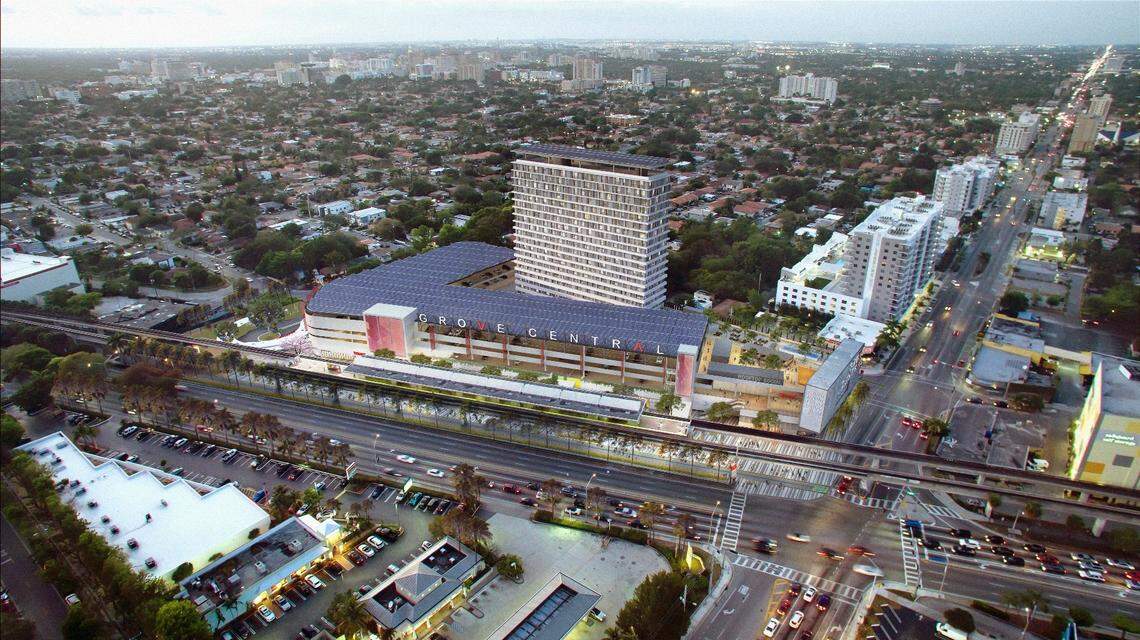 Renderings of the new plans for Grove Central, a transportation hub near Coconut Grove, show affordable housing and retail space combined with access to the Underline, the Metrorail and the bus system.