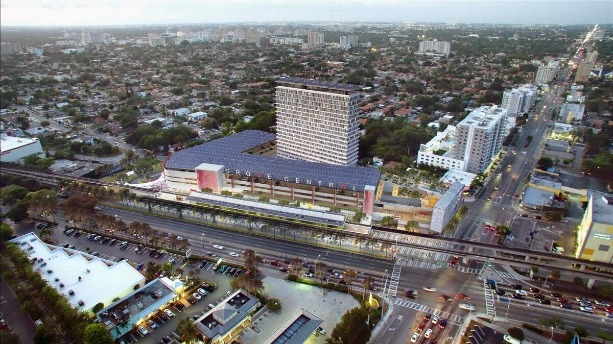 Renderings of the new plans for Grove Central, a transportation hub near Coconut Grove, show affordable housing and retail space combined with access to the Underline, the Metrorail and the bus system.
