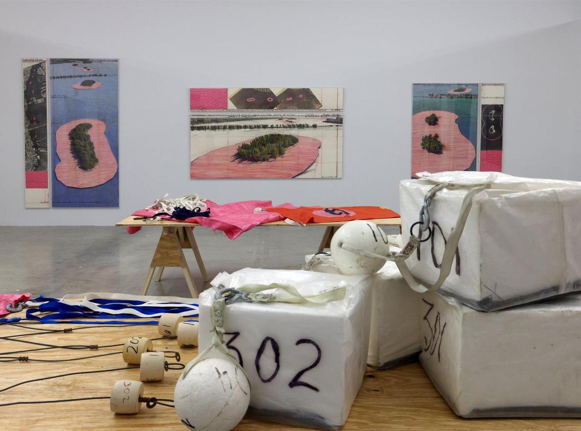 Materials used to create Christo and Jeanne-Claude’s 1983 public artwork “Surrounded Islands” are on display at NSU Art Museum Fort Lauderdale along with hand drawn plans for what the work would look like.