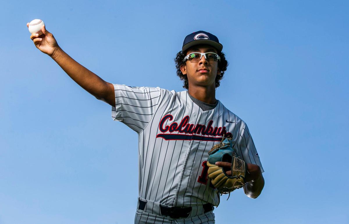 Dade Baseball Pitcher of the Year Federico Zapata, from Christopher Columbus High School, is photographed at A.D. Barnes Park in Miami, Florida on Wednesday, May 18, 2022.
