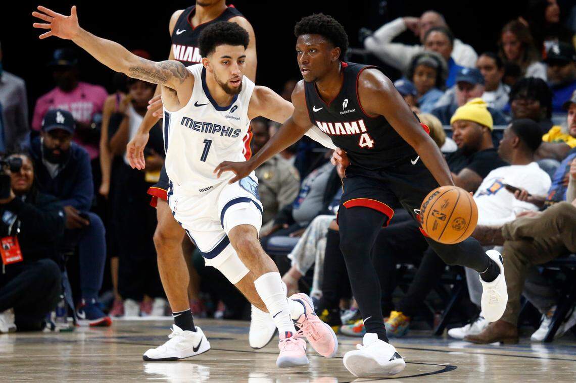Miami Heat guard Isaiah Stevens (4) dribbles as Memphis Grizzlies guard Scotty Pippen Jr. (1) defends during the first half at FedExForum.