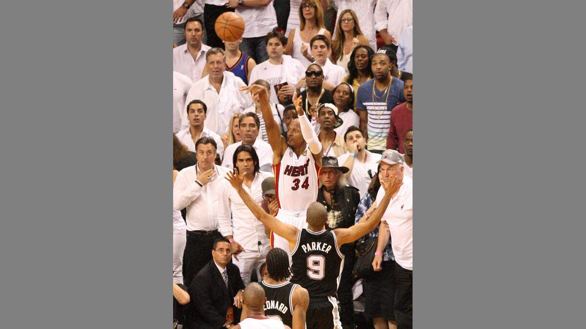 Miami Heat guard Ray Allen shot a three pointer to score and tied the game in the fourth quarter during game 6 of the NBA Finals Miami Heat vs San Antonio Spurs at the American Airlines Arena in Miami on Tuesday, June 18, 2013.