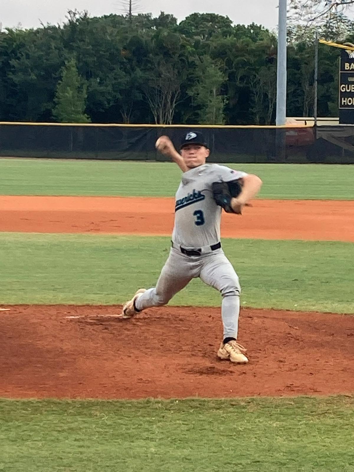 Archbishop McCarthy’s Stephen Joyce throws a pitch during his start on Monday night at American Heritage in the Region 4-5A baseball final.
