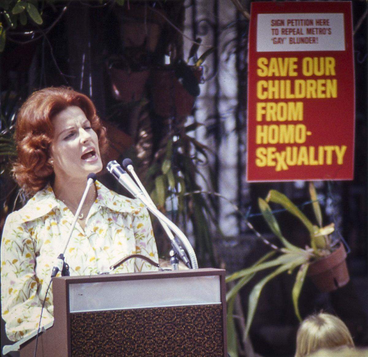 February 25, 1977 - Anita Bryant addresses the media at her home in Miami Beach during her 1977 campaign against Dade County’s gay-rights ordinance.