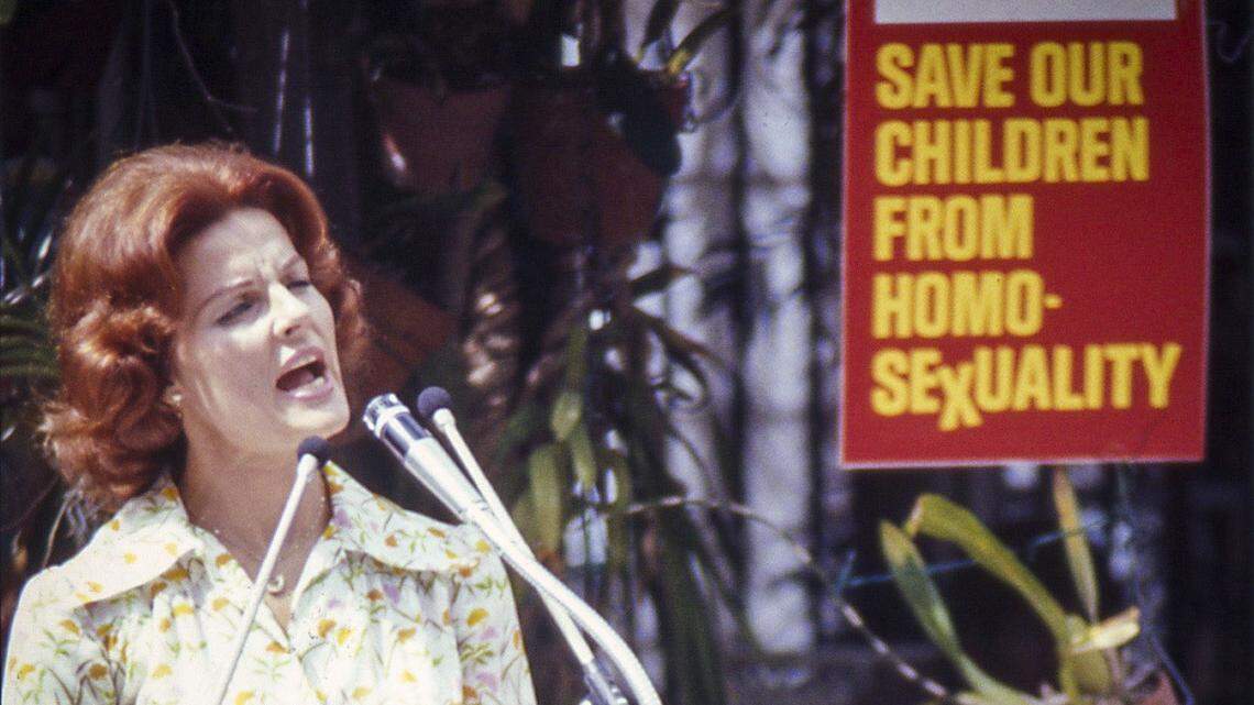 February 25, 1977 - Anita Bryant addresses the media at her home in Miami Beach during her 1977 campaign against Dade County’s gay-rights ordinance.