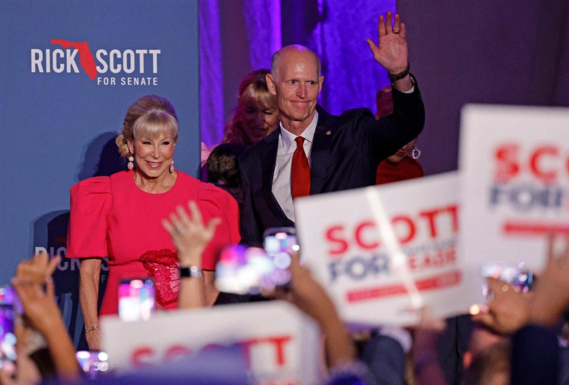 United States Senator Rick Scott steps on stage with his wife Ann as they celebrate his win with family and supporters during an election night party at the Hyatt Regency Coconut Point Resort in Bonita Springs, Florida on Tuesday, November 5, 2024.