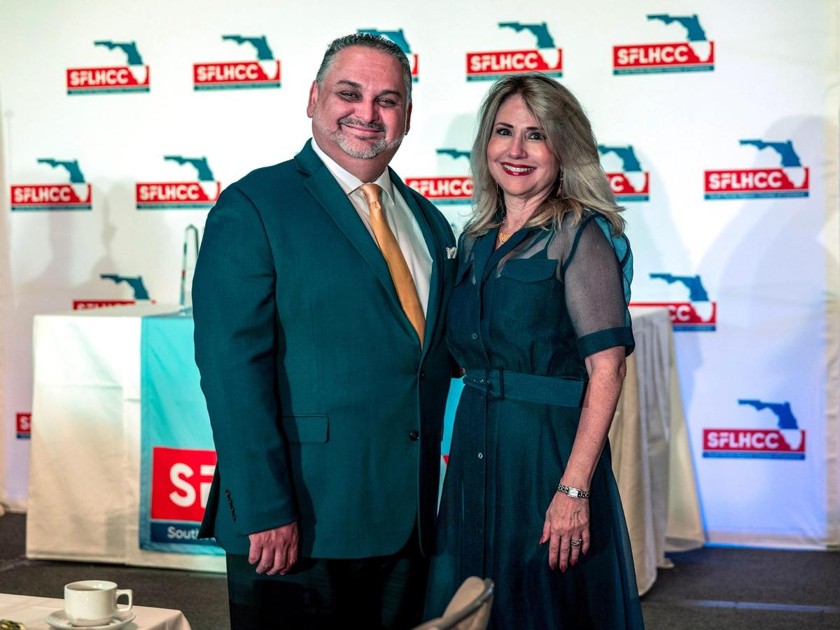 Alex Mena, Miami Herald-El Nuevo Herald Executive Editor, posed with Liliam M. Lopez, President/CEO SFLHCC during the South Florida Hispanic Chamber of Commerce’s ‘Hispanic Leadership Awards” lunch at the Biltmore Hotel in Coral Gables, on Friday March 14, 2025.