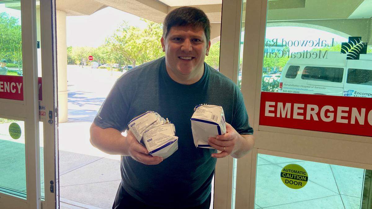 Lakewood Ranch resident Chris McComas donates N-95 face masks to the Lakewood Ranch Medical Center on Friday, April 3, 2020 as healthcare workers continue needing supplies to fight COVID-19, the disease causing a global pandemic.