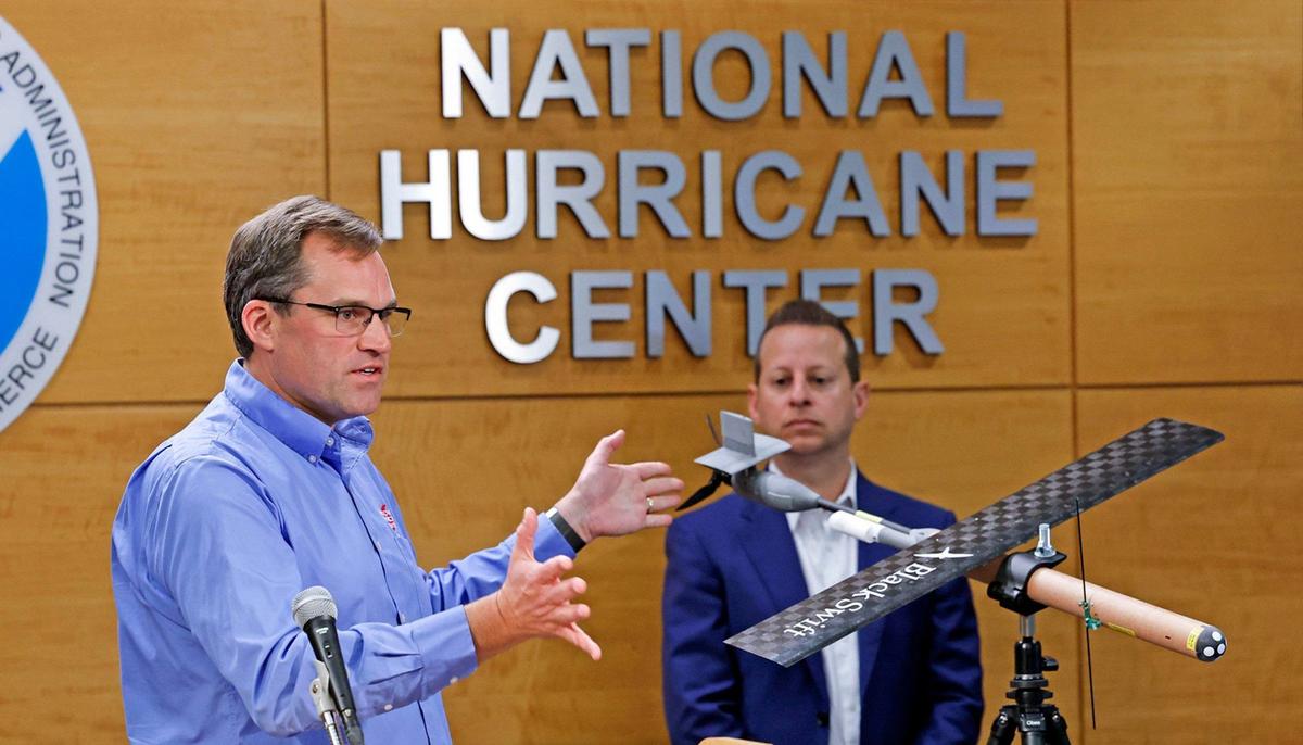 National Hurricane Center Director Michael Brennan comments on a data collecting device used during hurricane season while speaking to reporters during a press conference at the National Hurricane Center in Miami, Florida on Friday, May 31, 2024.