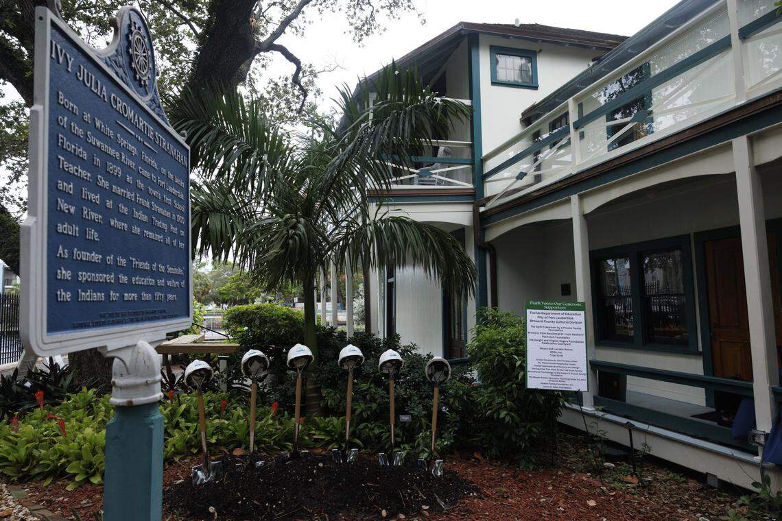 Hardhats and shovels sit before a groundbreaking ceremony at the Historic Stranahan House Museum on Wednesday, Sept. 17, 2025, in Fort Lauderdale, Fla. The Stranahan House is the oldest surviving building in Broward County and they are adding new space to their campus.