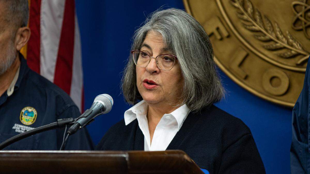 Miami-Dade County Mayor Daniella Levine Cava speaks on Tuesday, Sept. 27, 2022, at Miami-Dade County Emergency Operations Center in Doral, Florida.