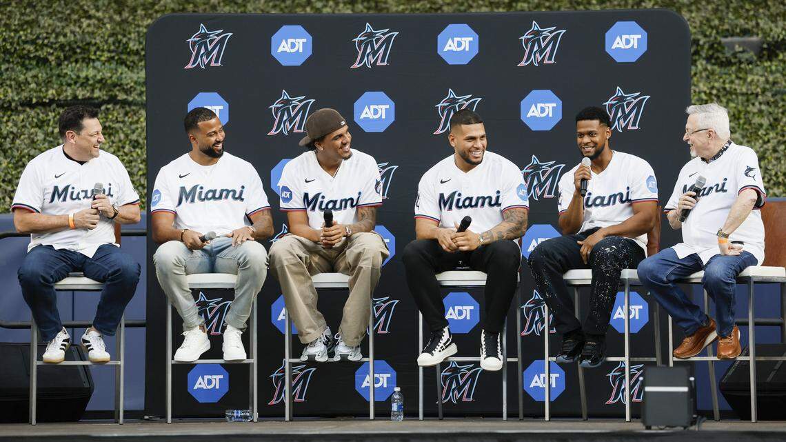 Jose Luis Napoler , far left and Yiki Quintana, at far right, with spanish radio, interview Marlins players Sandy Alcantara, Eury Perez, Agustin Ramirez and Otto Lopez, left to right, during Marlins Fan Fest at loanDepot park in Miami on Saturday, February 7, 2026. 