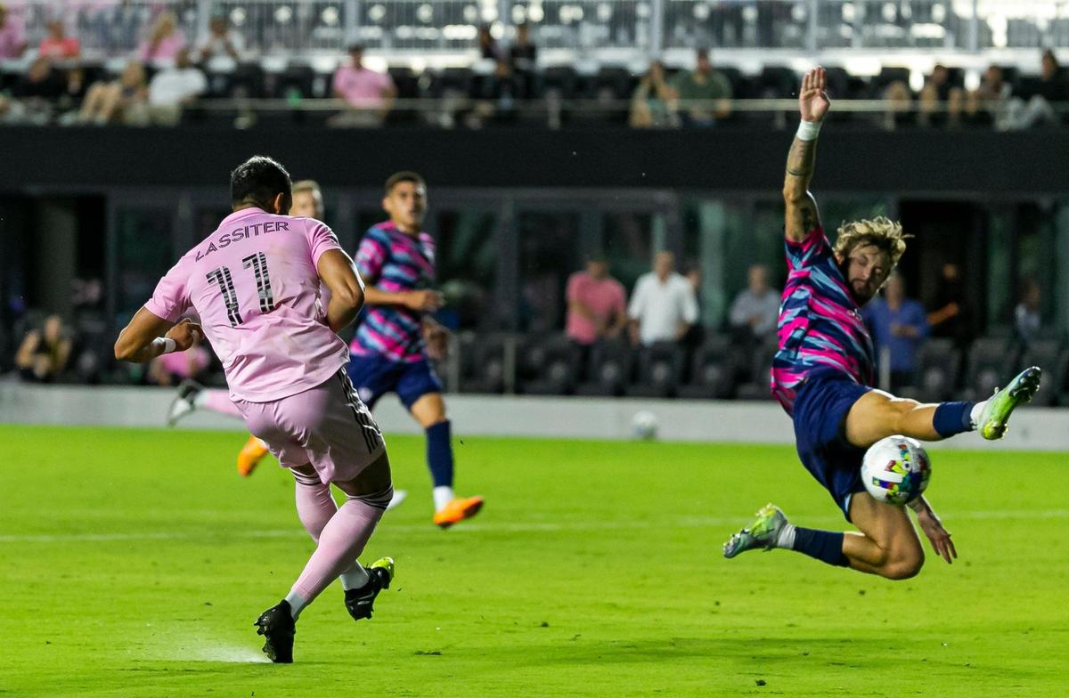 Inter Miami CF forward Ariel Lassiter (11) scores a goal against Tormenta FC during the second half of their U.S. Open Cup soccer match at DRV PNK Stadium on Tuesday, May 10, 2022, in Fort Lauderdale, Florida.